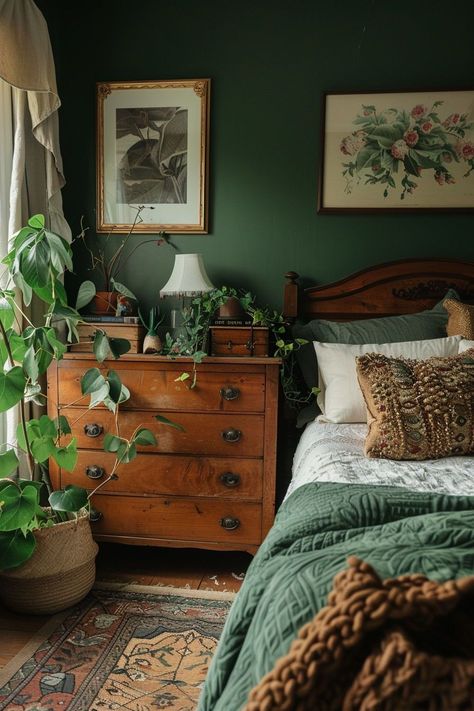 Bedroom With Forest Green Bedding, Dark Green And Brass Bedroom, Sage And Dark Wood Bedroom, Home Decor Ideas Eclectic, Earthy Bedroom Green Walls, Peaceful Cozy Bedroom, Nature Aesthetic Home Decor, Old House Bedroom Ideas, Pride And Prejudice Bedroom Aesthetic