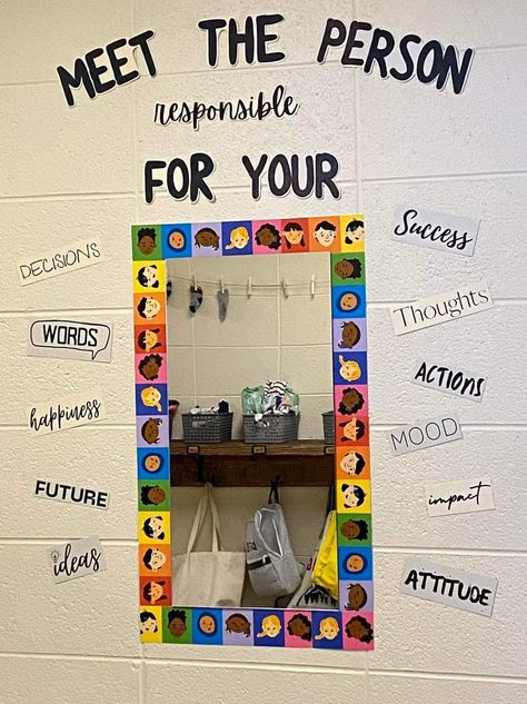 Social Work Board Ideas, Sel Room Ideas, Kindess Board, Meet The Person Responsible Mirror Board, Look At Our Work Bulletin Board, Inspirational Bulletin Boards For Work, Wellness Classroom Ideas, Teacher Wall Decor, Sel Classroom Decor