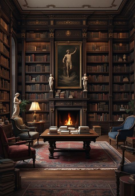 Dark Academia Decor Dark Academy Library, Huge Home Library, Dark Academia Library Room, Dark Academia Aesthetic Living Room, Dark Academia Home Library, Dark Academia Study Room, Dark Academia Library Aesthetic, Dark Wood Bookshelves, Moody Home Library