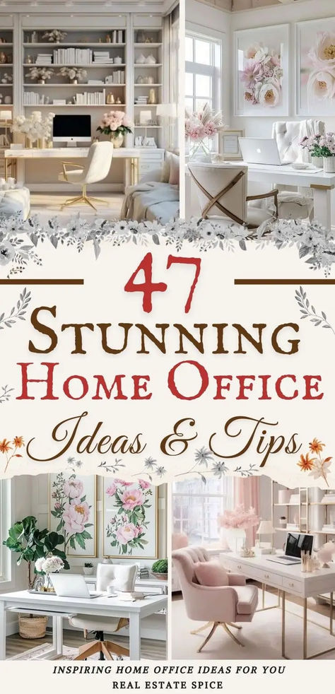 says 47 stunning home office ideas and tips with 4 images of home offices with desks chairs bookshelves home decor wall art flowers below says inspiring home office ideas for you Remodel Office Ideas, Upscale Home Office, Foyer Office Ideas, Home Office Ideas With Bookshelves, Small Home Office Ideas Bedrooms, Women’s Office, How To Decorate Your Office At Work, Office Guest Bedroom Combo, Modern Home Office Ideas