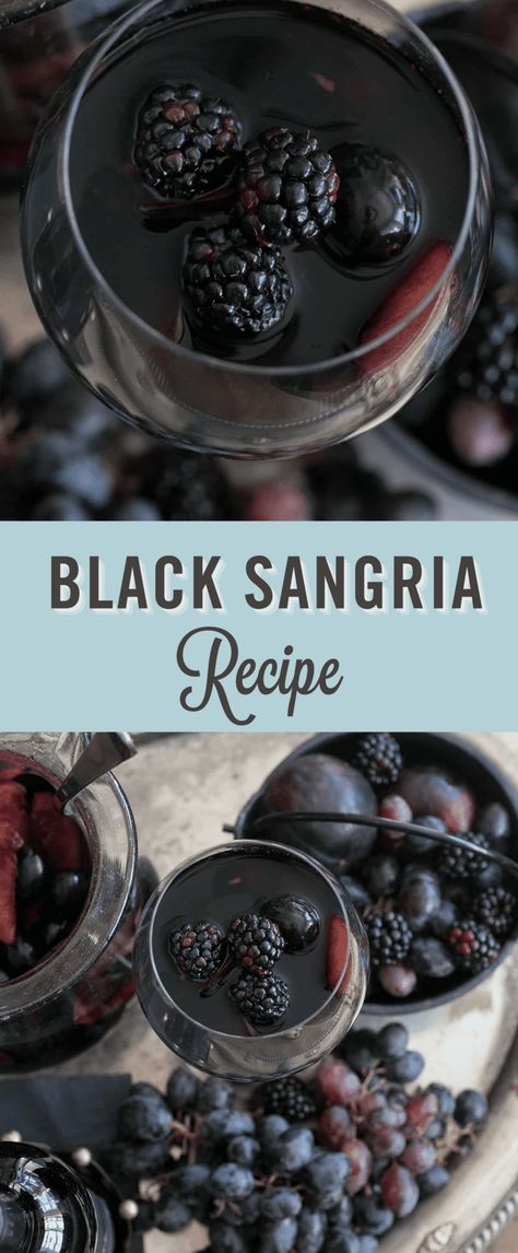 Black Sangria Recipe, Halloween Wine Party Food, 2023 Halloween Party, Black Magic Sangria, Black Halloween Food Ideas, Red And Black 30th Birthday Party, Easy Halloween Sangria, Coven Party Ideas, 40th Dinner Party Ideas