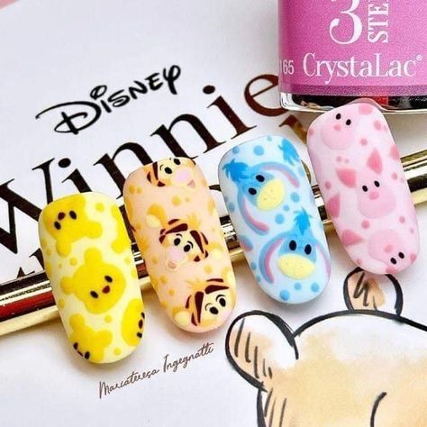 Winnie Pooh Nails Art Designs, Piglet Nails Winnie The Pooh, Winnie The Pooh Gel Nails, Eeyore Nail Designs, Whinney Pooh Nails, Up Disney Nails, Character Nail Art Disney, Wreck It Ralph Nails, Disney Inspired Nails Gel