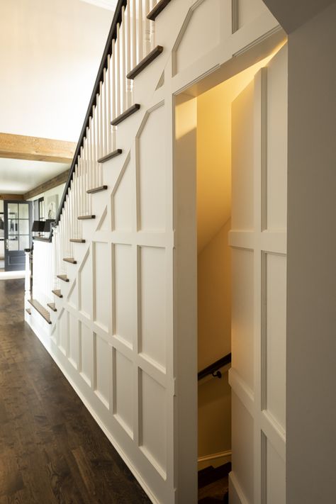 Door Leading To Basement, Kitchen With Staircase In The Middle, Under The Stairs Entryway, Wainscoting Secret Door, Exposed Wood Stairs, Hidden Staircase To Attic, Staircase Next To Front Door, Staircase Design Basement, Stairs Under Stairs