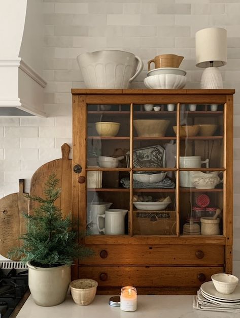 Rustic Kitchen Cabinet Styling - MY WEATHERED HOME Antique Piece In Kitchen, Antique Kitchen Counter Decor, Rustic Kitchen Furniture, Antique Bookshelf In Kitchen, Kitchen Counter Bookshelf, Vintage Cabinet In Kitchen, Antique Furniture In Kitchen, Antique Kitchen Shelves, Cabinet Free Kitchen