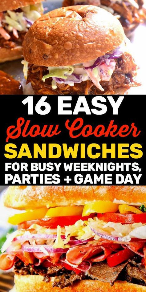 Almost Effortless Slow Cooker Sandwiches Your Guests Will Rave About #partyfood #gameday #gamedayfood #football #footballfood #easymeals #slowcooker #crockpot #slowcookermeals Crockpot Meals For Guests, Football Food Crockpot, Slow Cooker Sandwiches, Slow Cooker Party Food, Crock Pot Sandwiches, Crockpot Party Food, Crockpot Lunch, Crockpot Meat, Sandwhich Recipes