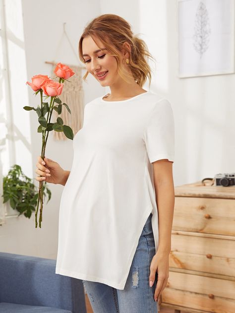 White Casual Collar Short Sleeve Polyester Plain  Embellished Slight Stretch Summer Maternity Maternity Fits, Casual Maternity Outfits, Pregnancy Hacks, Shein Maternity, Oversized Grey Sweater, Preggo Fashion, Summer Maternity, Maternity Chic, Clothes For Pregnant Women