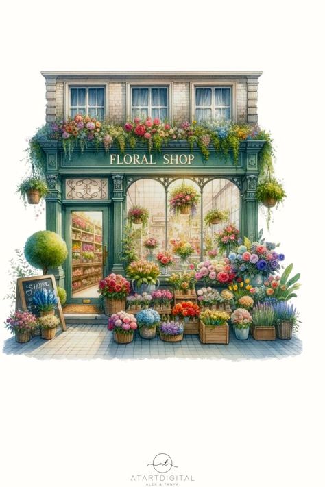 Spring Illustration Art, Flower Shop Illustration, Flower Shop Background, Flower Shop Art, Ariel Christmas, Cafe Illustration, Shopping Illustration, Quirky Garden, Aesthetic Sketchbook