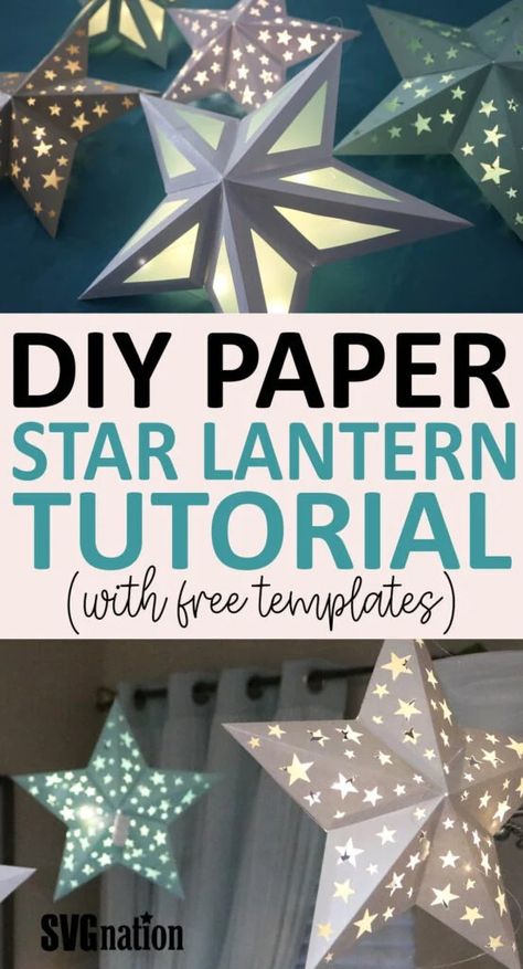 Paper Star Lantern Tutorial with Free 3D Star SVG Templates 3d Paper Star, Lantern Template, 3d Stars, Paper Star Lanterns, Paper Lanterns Diy, Star Lantern, Paper Lantern Lights, Lantern Craft, Svg Templates