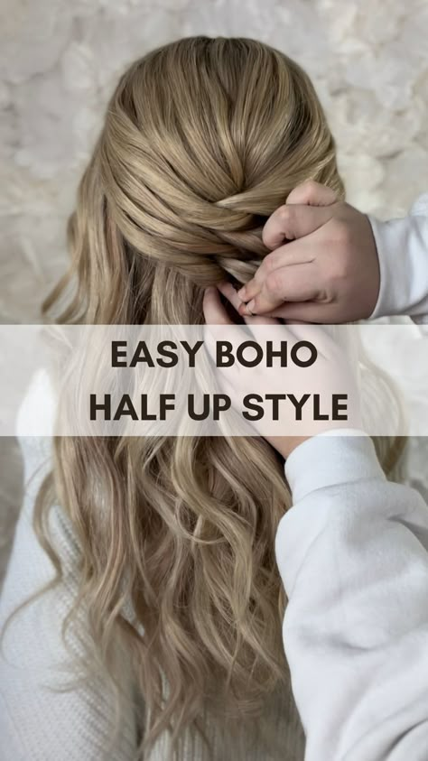 How To Half Updo, Half Hair Up Tutorials, Long Hair Updo Easy Step By Step Half Up, Wedding Hair Diy Half Up, Easy Prom Hairstyles Half Up Half Down, Long Hair Half Updo Easy, Simple Wedding Hairstyles Half Up, Half Up Bridesmaid Hairstyles, Diy Half Updo