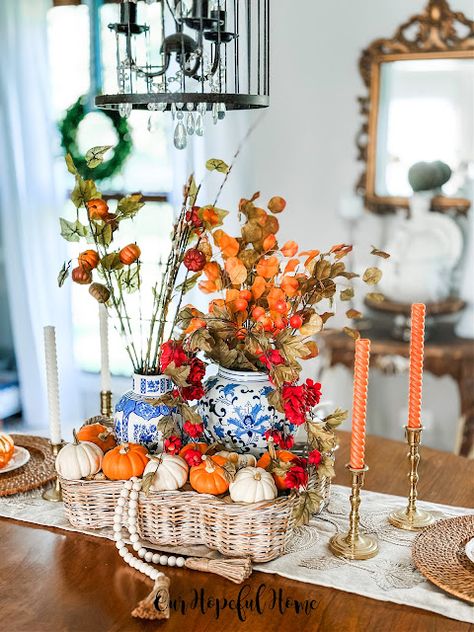 Chinoiserie Fall Tray Decor French Farmhouse Dining Room, Blue And Orange Fall Decor, White Taper Candles, Fall Tray Decor, Blue Fall Decor, Chinoiserie Pumpkins, Fall Tray, Chinoiserie Ginger Jars, Spiral Candles