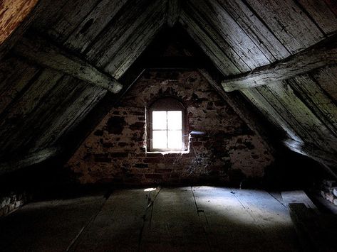 A dreary attic.  Art studio worthy and maybe a ghost or two. Creepy Attic, Old Attic, Attic Office, Finished Attic, Attic Playroom, Attic Flooring, Attic Stairs, Attic Bathroom, Attic Renovation