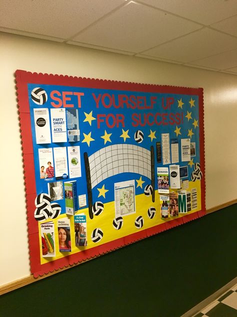 Set Yourself Up For Success Bulletin Board #volleyball #bulletinboard Volleyball Classroom Theme, Tennis Bulletin Board, Athletic Bulletin Board Ideas, Sport Bulletin Board Ideas For School, Volleyball Bulletin Board Ideas, Sports Day Bulletin Board Ideas, Baseball Classroom, Sports Bulletin Boards, Pe Bulletin Boards