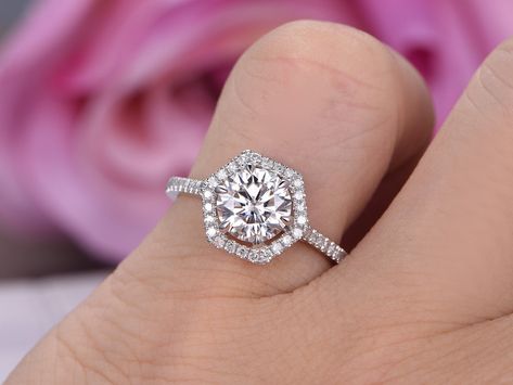 Engagement Rings Hexagon, Engagement Ring Hexagon, Hexagon Halo, Hexagon Engagement Ring, Ring Hexagon, Dream Rings, Hexagonal Ring, Round Moissanite Engagement Ring, Hexagon Diamond