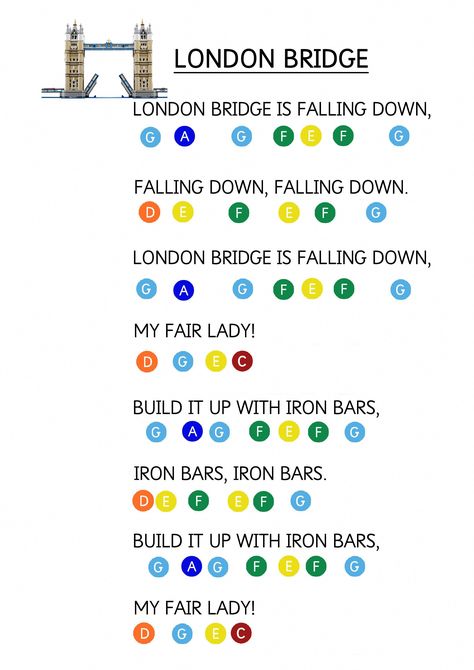 London Bridge is Falling Down - Easy Piano Music Sheet for Toddlers. How to teach young children to play music keyboard using coloured stickers. #keyboardlessons Piano Music For Kids, Keyboard Noten, Piano Music With Letters, Easy Piano Music, Piano Songs For Beginners, Piano Sheet Music Letters, Piano Lessons For Kids, Piano Music Easy, Beginner Piano Music