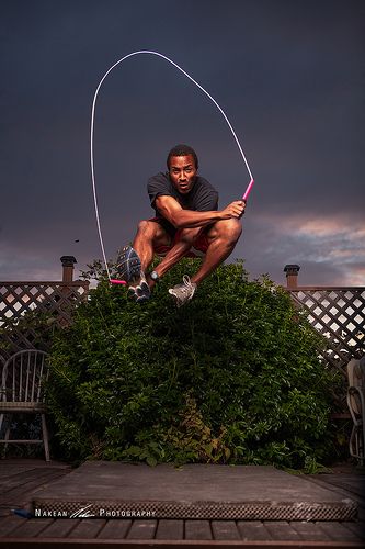 Freeze Jump.... Playing around with a form of high speed sync in the back yard. I had my 580exII on the camera set to hypersync. This particular shot was shot at f2.8 and a SHUTTER SPEED OF 1/1250 !!!!! Enough to freeze some serious action! I'm looking for some athletes to capture doing their thang! Hit me up and let's make art! Male Fitness Photography, Workout For Runners, Best Jump Rope, Rope Workout, Runners Workout, Jump Rope Workout, Action Photography, Fitness Photoshoot, Fitness Photos