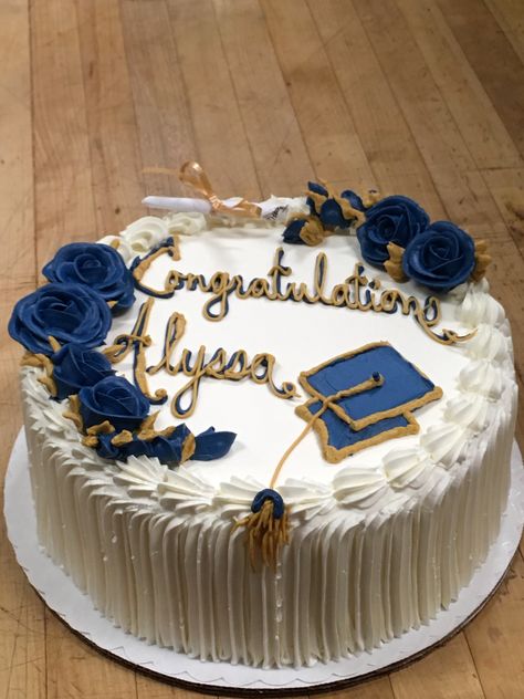 Navy Blue And Gold Graduation Cake, Grad Cakes Simple, Blue And Yellow Graduation Cake, Graduation Cake Blue And Gold, Blue Graduation Cakes, Round Graduation Cakes, Blue And Gold Graduation Cake, Buttercream Graduation Cake, Graduation Sheet Cake Ideas