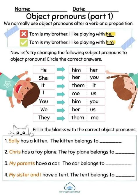 Object Pronouns Worksheets For Kids, English Pronouns, English Grammar Exercises, Nouns And Pronouns, Reading Comprehension Kindergarten, Word Family Worksheets, Object Pronouns, Hindi Language Learning, Grammar For Kids