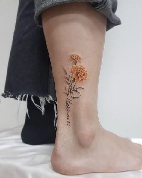 Marigold Flower Tattoo With Name, Marigold Tattoo With Name, Marigold With Name Tattoo, Carnation Forearm Tattoo Women, Tattoo Words And Flowers, Como La Flor Tattoo, Marigold Wrist Tattoo, Tattoo Carnation Flower, Birth Tattoo Ideas Baby