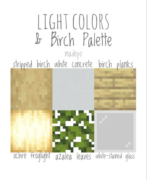 Minecraft 1.19 Pastel Colors and Birch Palette using stripped birch logs, white concrete, birch planks, ochre froglight, azalea leaves, and white stained glass <3 #cute #minecraft #colorpallete #mcyt #pastel #light #minecraftbuild #minecraftaesthetic #minecraftcottagecore #aesthetic #mc #minecraftfairy #minecraftcottage #minecraftsurvival Better Vanilla Building Minecraft, Cute Birch House Minecraft, Birch Colour Palette, Stripped Birch House Minecraft, Mincraft Idea Light, Yellow Minecraft Palette, Minecraft Yellow Color Palette, Minecraft Block Palette Yellow, White Block Palette Minecraft