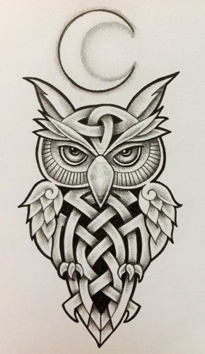 Celtic Owl Tattoo Design, Moon And Star Tattoos, Celtic Owl Tattoo, An Owl Tattoo, Tato Maori, Celtic Owl, Celtic Tattoo Designs, Tattoo Painting, Celtic Moon