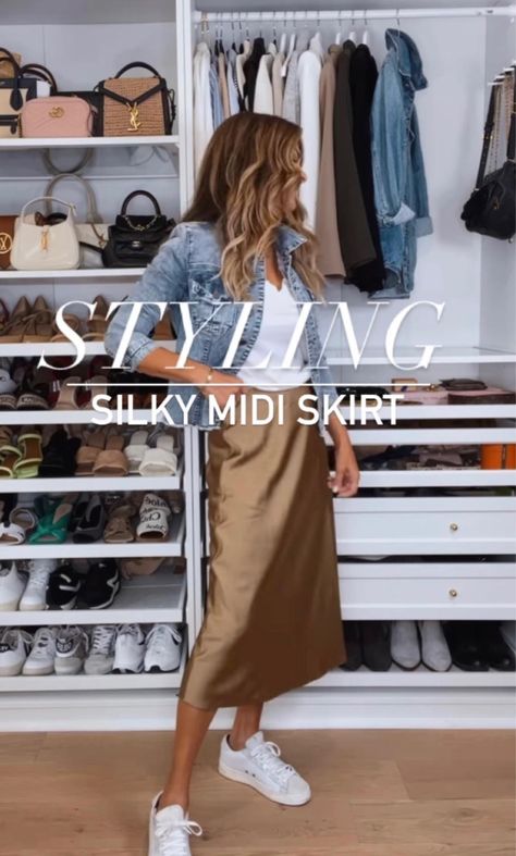 Silky Skirt Outfit Winter, Satin Slip Skirt Outfit Casual, How To Style A Silk Skirt For Fall, How To Wear Silk Skirt, Silky Midi Skirt Outfit, Casual Silk Skirt Outfit, Casual Satin Skirt Outfit, Satin Skirt Fall Outfit, Slip Skirt Outfit Fall