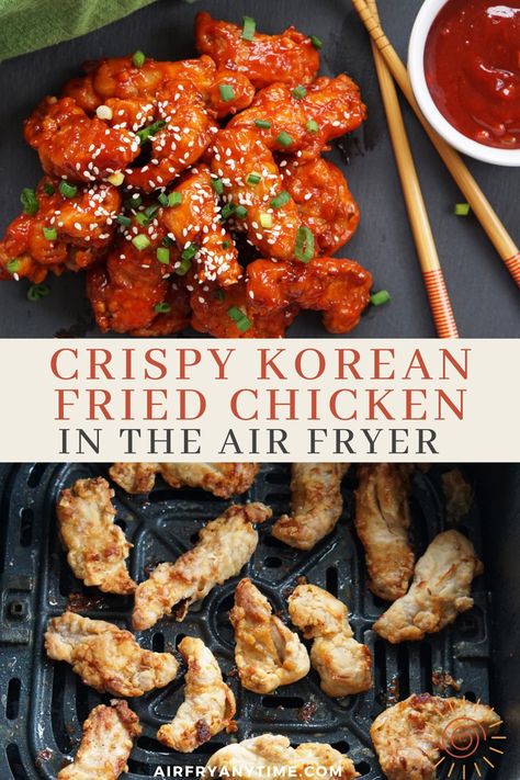 Air Fryer Korean Fried Chicken is marinated and coated in a cornstarch mixture to give it maximum crunch in the air fryer before being coated in a sweet and spicy Korean sauce. Air Fryer Recipes Asian, Spicy Korean Sauce, Healthy Baked Chicken Recipes, Korean Sauce, Korean Fried Chicken Recipe, Air Fryer Recipes Snacks, Recipes Air Fryer, Healthy Baked Chicken, Korean Chicken