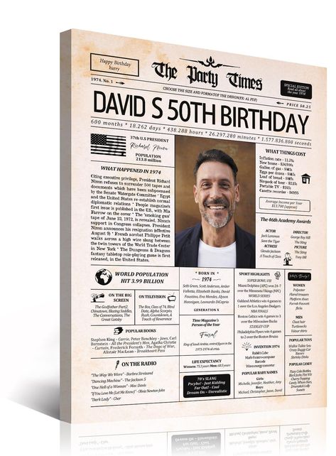 Personalized 50th Birthday Decoration Newspaper Poster Sign, Back In 1974 Framed Custom Canvas Prints, Vintage 50th Birthday Gift for Men or Women, Custom Photo Birthday Gift for Daddy-12x16” Fathers 50th Birthday Ideas, Creative 50th Birthday Gifts, 50 Birthday Party Ideas For Men, 50th Birthday Ideas For Husband, Father Birthday Party Ideas, 50th Birthday Party Decorations For Men, 50th Birthday Decoration Ideas For Men, Back In 1974, 50th Birthday Party Ideas For Men