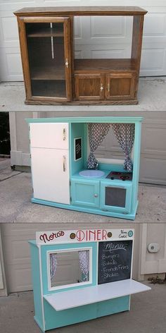 Turn an Old Cabinet into a Kid's Diner - saw this on Pinterest, thought it was very clever. wanted to share. I did not make this. Old Entertainment Centers, Diy Furniture Makeover Ideas, Diy Muebles Ideas, Play Kitchens, Diy Casa, Diy Furniture Hacks, Old Cabinets, Diy Furniture Easy, Furniture Hacks