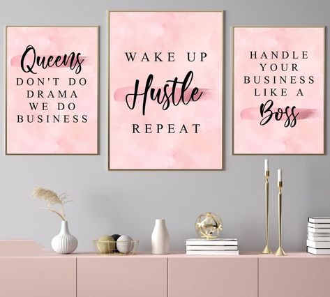 3 Piece Wall Art | Wall Decor Set | Modular Female Hustle Quotes Pictures Framed Basement Salon, Chanel Gifts, Three Piece Wall Art, Brow Tech, Pink Office Decor, Girly Office, Watercolor Marble, Glam Office, Chic Office Decor