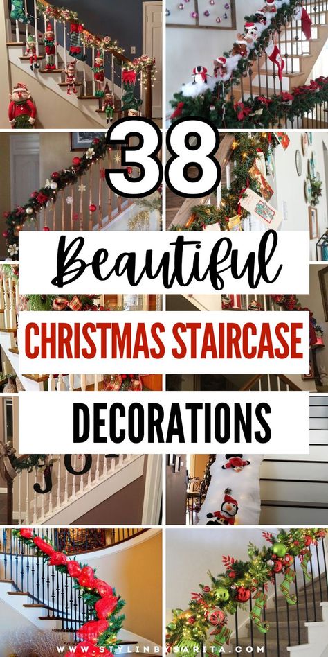 christmas staircase decorations Railing Xmas Decor, Diy Christmas Decorations For Stairs, Stairrail Christmas Decorations, Split Level Entryway Christmas Decor, Christmas Decor Ideas For Basement, Stair Christmas Decorating Ideas, Christmas Railings Stairways, Garland Wrapped Staircase, Christmas Stairs Decor Ideas