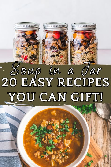 These Soup in a Jar recipes are perfect for a frugal and thoughtful gift this Christmas season. Gift your friends and family a mason jar with all the ingredients needed for a from scratch meal! #souprecipes #soupinjar #masonjarrecipes #masonjargifts #cheapchristmasgifts #homemadegifts #frugalgifts #homesteadergifts #foodgift #masonjarsoup Jar Recipes Gifts Dry Mixes Soup, Diy Meals In A Jar Recipes, Meal Jar Gifts, Make Your Own Soup Mixes, Make Ahead Soup In A Jar, Gift Soup In A Jar, Freeze Dried Soup In A Jar, Mason Jar Dried Soup Recipes, Homemade Dried Soup Mixes