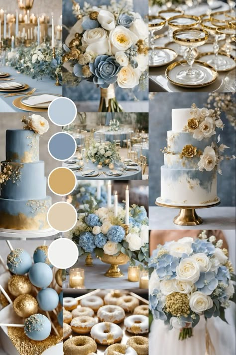 Rose Pink And Blue Wedding, Winter Blue And Gold Wedding, Wedding Gold And Blue, Colour Combinations For Wedding Decor, Dusty Blue And Gold Wedding Decor, Navy And Gold Wedding Reception, Gold And Blue Wedding Decorations, Ash Blue Color Palette, Pastel Blue And Gold Wedding