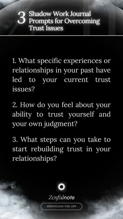 These prompts can help you explore the roots of your trust issues, work on rebuilding self-trust, and develop strategies for fostering trust in your relationships. Trust Exercises, Shadow Work Journal Prompts, Work Journal Prompts, Shadow Work Journal, Rebuilding Trust, Work Journal, Therapy Worksheets, Trust Issues, Shadow Work