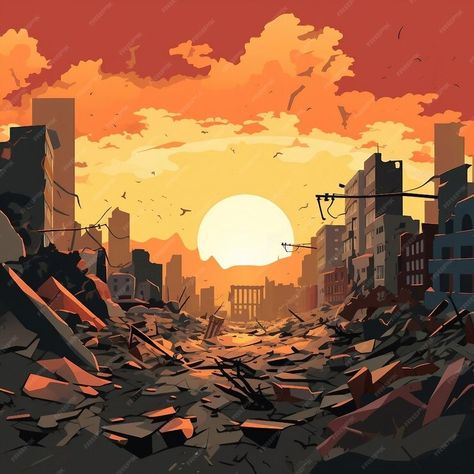 Premium Photo | An illustration of a destroyed city in war at sunset AI Generated City Destroyed Art, Destroyed Buildings Art, Destroyed City Drawing Reference, Destroyed City Art, Destroyed City Drawing, City Drawing Reference, Destroyed City Background, Apocalyptic Illustration, City Background Drawing