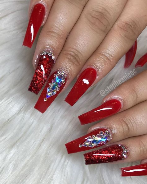 Red Acrylic Nails With Gems, Red Nails With Diamonds, Acrylic Nails With Gems, Bejeweled Nails, Nails With Gems, Red Matte Nails, Ruby Nails, Red Chrome Nails, Diamond Nail Designs