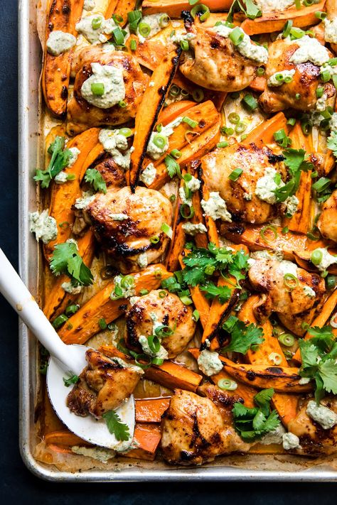 This sweet-and-spicy sheet pan chicken thigh recipe is the stuff healthy weeknight supper dreams are made of. Chili Honey Chicken, Honey Chicken Thighs, Chicken Sweet Potatoes, Chicken Thighs Dinner, The Modern Proper, Modern Proper, Potato Dinner, Sheet Pan Dinners Recipes, Easy Chicken Thigh Recipes