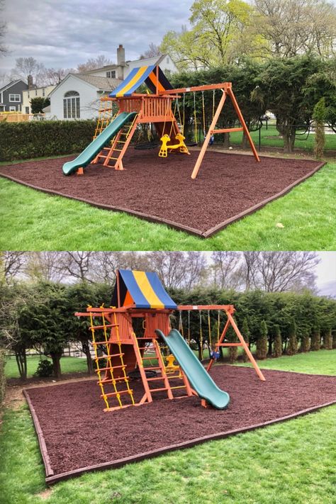 Kids Playset Outdoor, Kids Play Yard, Kid Friendly Backyard, Backyard Garage, Rubber Mulch, Kids Backyard Playground, Play Area Backyard, Backyard Kids Play Area, Tree House Kids