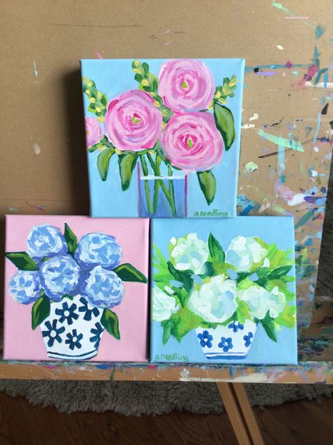 Floral Paintings On Canvas Easy, Simple Preppy Painting Ideas, Arts And Crafts For Teens, College Decor, Acrylic Painting Flowers, Simple Canvas Paintings, Easy Canvas Painting, Palette Knife Painting, Water Painting