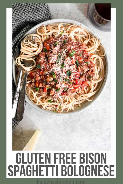 This gluten free bison spaghetti bolognese is the ultimate comfort dish. It's packed with flavor and brings the comfort of traditional bolognese but with succulent ground bison and gluten free spaghetti. Traditional Bolognese, Ground Bison, Gluten Free Spaghetti, Spaghetti Bolognese, Gluten Free Recipes For Dinner, Comfort Dishes, Gluten Free Dinner, Easy Weeknight Meals, Healthy Dinner Recipes