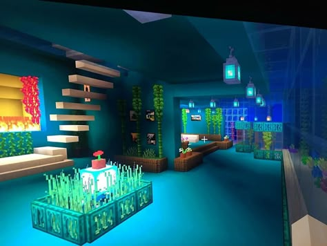 Cool Underwater Minecraft Builds, Blue Room Minecraft, Minecraft Underwater Aesthetic, Under Water Minecraft Base, Underwater Bases Minecraft, Cool Minecraft Basement Ideas, Mincraft Idea Basement, Floating Water House Minecraft, Underground Aquarium Minecraft