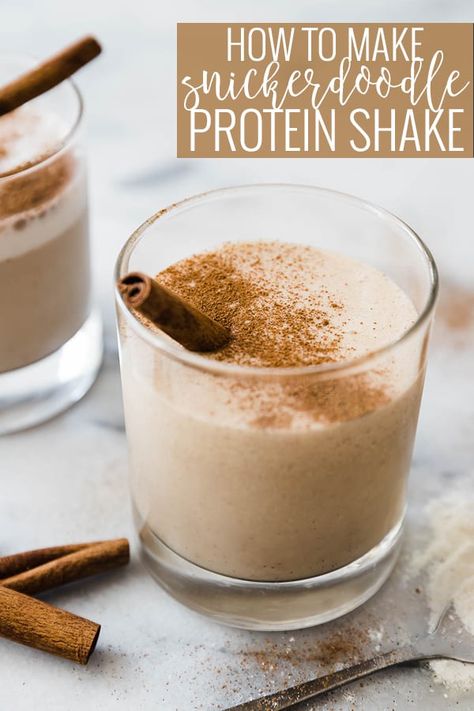 Smooth vanilla protein shake combined with peanut butter, banana, cinnamon, and a touch of honey - for the flavor of a snickerdoodle cookie. This snickerdoodle protein shake is not only delicious with a spiced vanilla flavor, but it is made in seconds in the blender. || Oh So Delicioso Snickerdoodle Protein Shake, Pb2 Protein Shake, Vanilla Protein Shake Recipes, Protein Shake Drinks, Shakes Recipes, Vanilla Protein Shake, Banana Protein Shake, Healthy Protein Shakes, Vanilla Protein Shakes