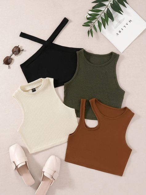 Multicolor Casual   Polyester Plain Tank Embellished Slight Stretch Summer Women Tops, Blouses & Tee Knitted Crop Tank Top, Look Legging, Casual Tanks, Casual Shirt Women, Halter Tank, Women Tank Tops, Ribbed Crop Top, Ținută Casual, Crop Top Outfits