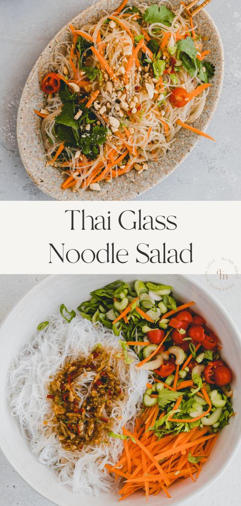 Thai Glass Noodle Salad with fresh vegetables! A delicious, crunchy, fresh, healthy, low-carb Asian salad that is quickly prepared! Low Carb Asian Salad, Yum Woon Sen, Thai Glass Noodle Salad, Crunchy Asian Salad, Glass Noodles Recipe, Vietnamese Noodle Salad, Thai Salad Recipes, Glass Noodle Salad, Asian Noodle Salad