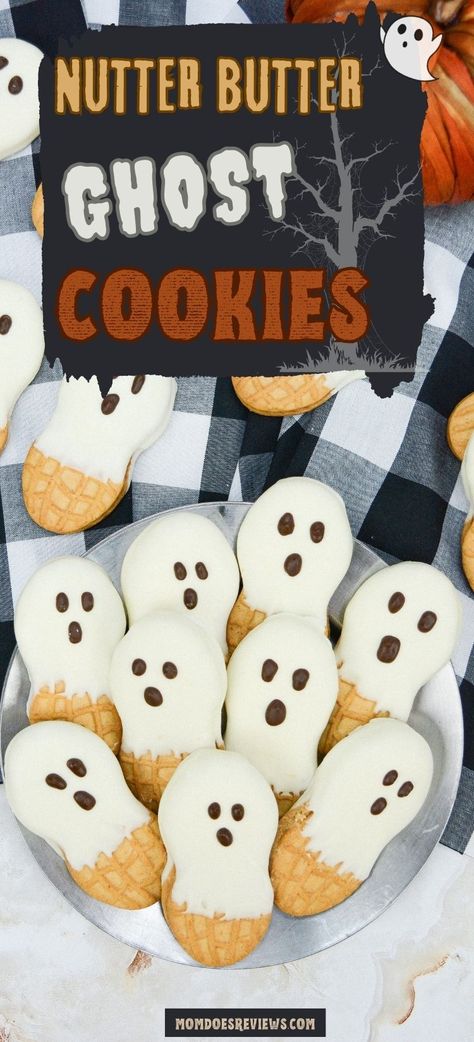 Nutter Butter Ghost Cookies Halloween Cookies Easy, Bake Halloween Treats, No Bake Halloween Treats, Bake Halloween, Easy Halloween Cookies, Dark Chocolate Candy, Classic Peanut Butter Cookies, Nutter Butter Cookies, Ghost Cookies