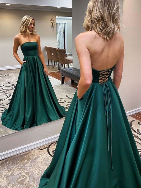 Verde Smeraldo, Prom Dresses With Pockets, A Line Prom Dresses, Long Prom Dresses, Color Number, Prom Dresses Lace, Green Satin, Long Prom Dress, Formal Evening Dresses