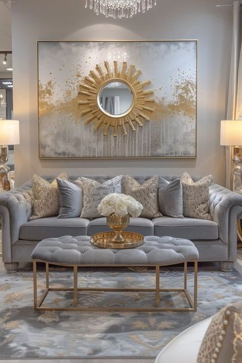 Grey And Gold Decor Living Room, Gray And Gold Home Decor, Grey Couch Gold Accents, Grey And Gold Living Room Decor, Grey Gold Living Room Ideas, Gray And Gold Living Room Decor, Grey And Gold Living Room Ideas, Grey Couch Ideas, Grey And Gold Living Room