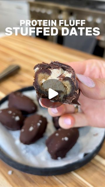 Sheena on Instagram: "Follow @platedbypadda for more healthy, easy desserts!

Filled with a yogurt and peanut butter fluff that tastes like ice cream, these PROTEIN FLUFF STUFFED DATES are the only thing you need in your freezer. This healthy, no bake dessert is quick, easy, and guaranteed to be a crowd pleaser. (Makes a 6-8, depending on the size of your dates)

INGREDIENTS
Medjool dates (pitted)
4 Tbsp Greek yogurt
2 Tbsp peanut butter
1/2 cup dark chocolate
Maldon sea salt, for sprinkling

INSTRUCTIONS
1. Prepare Filling: In a bowl, mix Greek yogurt and peanut butter until smooth and well combined.
2. Stuff Dates: Stuff each pitted Medjool date with the Greek yogurt and peanut butter fluff.
3. Freeze: Place the stuffed dates on a parchment-lined tray and freeze for about 1 hour or until Stuff Dates, Yogurt And Peanut Butter, Peanut Butter Fluff, Protein Fluff, Greek Yogurt And Peanut Butter, Healthy No Bake, Stuffed Dates, Bake Dessert, Medjool Dates