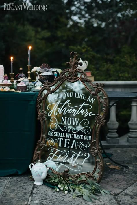 Dark Alice in Wonderland Wedding Theme | ElegantWedding.ca Dark Alice In Wonderland Wedding, Alice In Wonderland Wedding Theme, Alice In Wonderland Garden, Wonderland Wedding Theme, Dark Alice In Wonderland, Alice In Wonderland Tea Party Birthday, Alice Tea Party, Alice In Wonderland Wedding, Mad Hatter Party