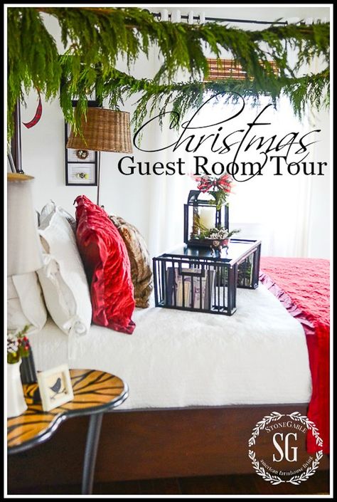 Stone Gable - Merry & Bright Christmas Guest Room Stonegable Blog, Christmas Guest Bedroom, Christmas Guest Room, Christmas Bedrooms, Stone Gable, Christmas Foyer, Red Comforter, Christmas Getaways, Merry And Bright Christmas