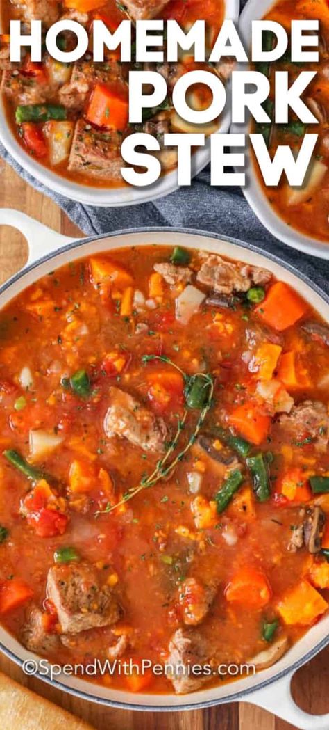 This pork stew recipe is delicious! The best part - it can be made with whatever pork cut is on sale that week! With potatoes, sweet potatoes, carrots, and mushrooms this stew is packed with flavor and sure to fill you up!  #spendwithpennies #porkstew #maindish #heartymeals #slowcooker #stovetop Pork Stew Meat Recipes, Classic Beef Stew Recipe, Pork Stew Meat, Pork Stew Recipes, Leftover Pork, Stew Meat Recipes, Beef Stew Crockpot, Pork Stew, Tasty Meat